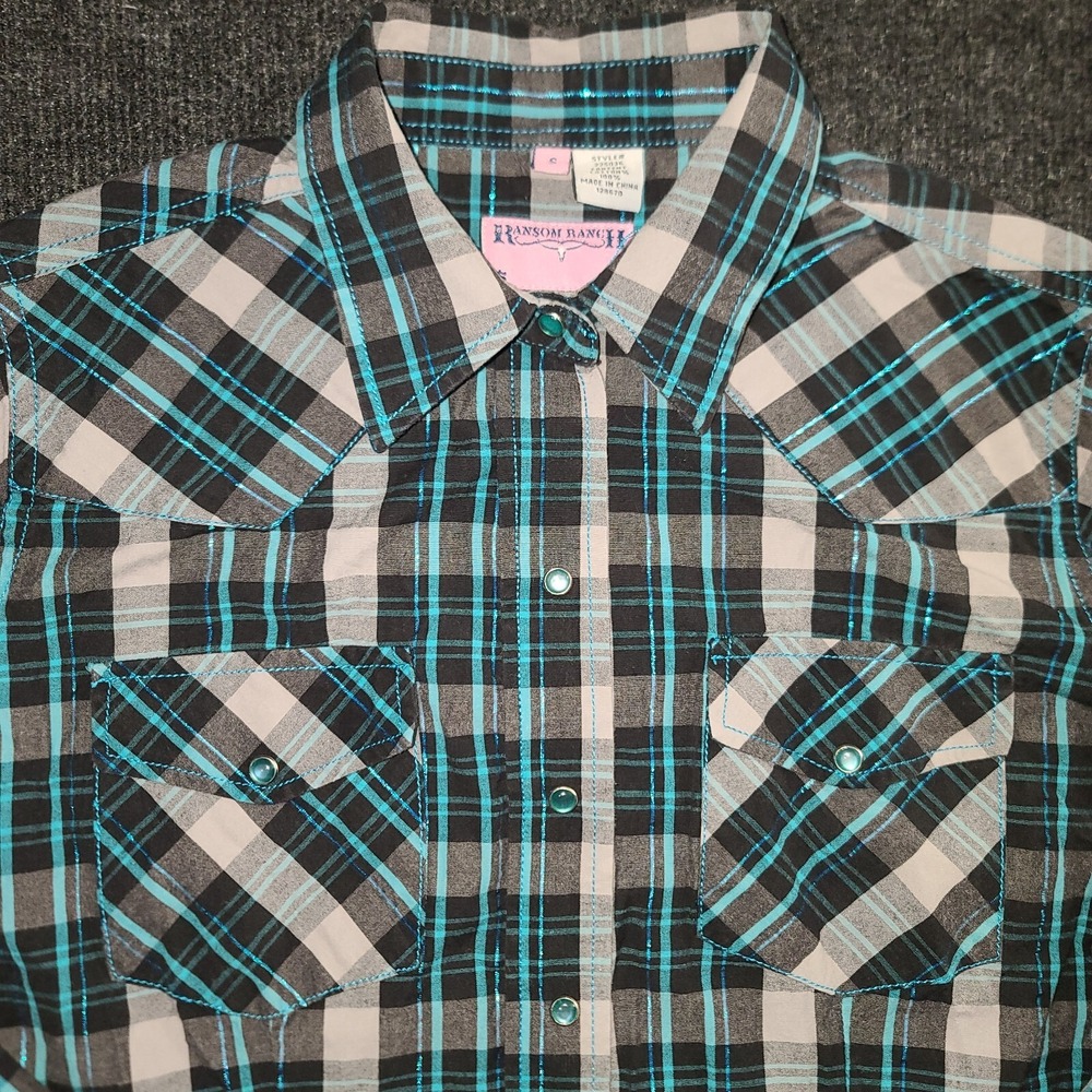 Ransom Ranch Women's Western Pearl Snap‎ Shirt Small Plaid Black Blue Bling